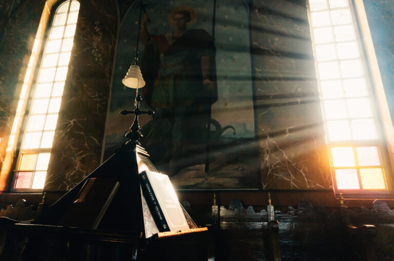 Light shines in a church building