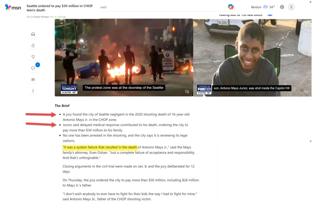 Seattle Ordered to Pay 30+ million for death in CHOP/Chaz