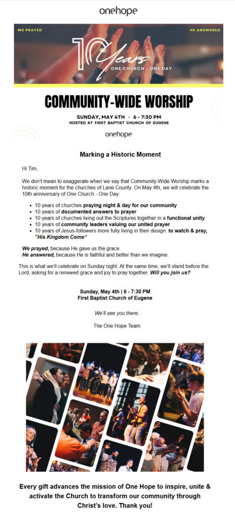 One Hope Newsletter Marking 1Church1Day 10 Year celebration