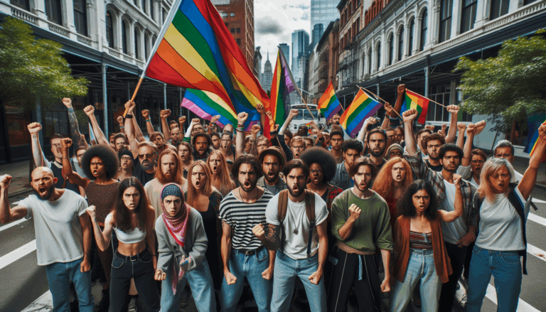 Rioters with rainbow flags